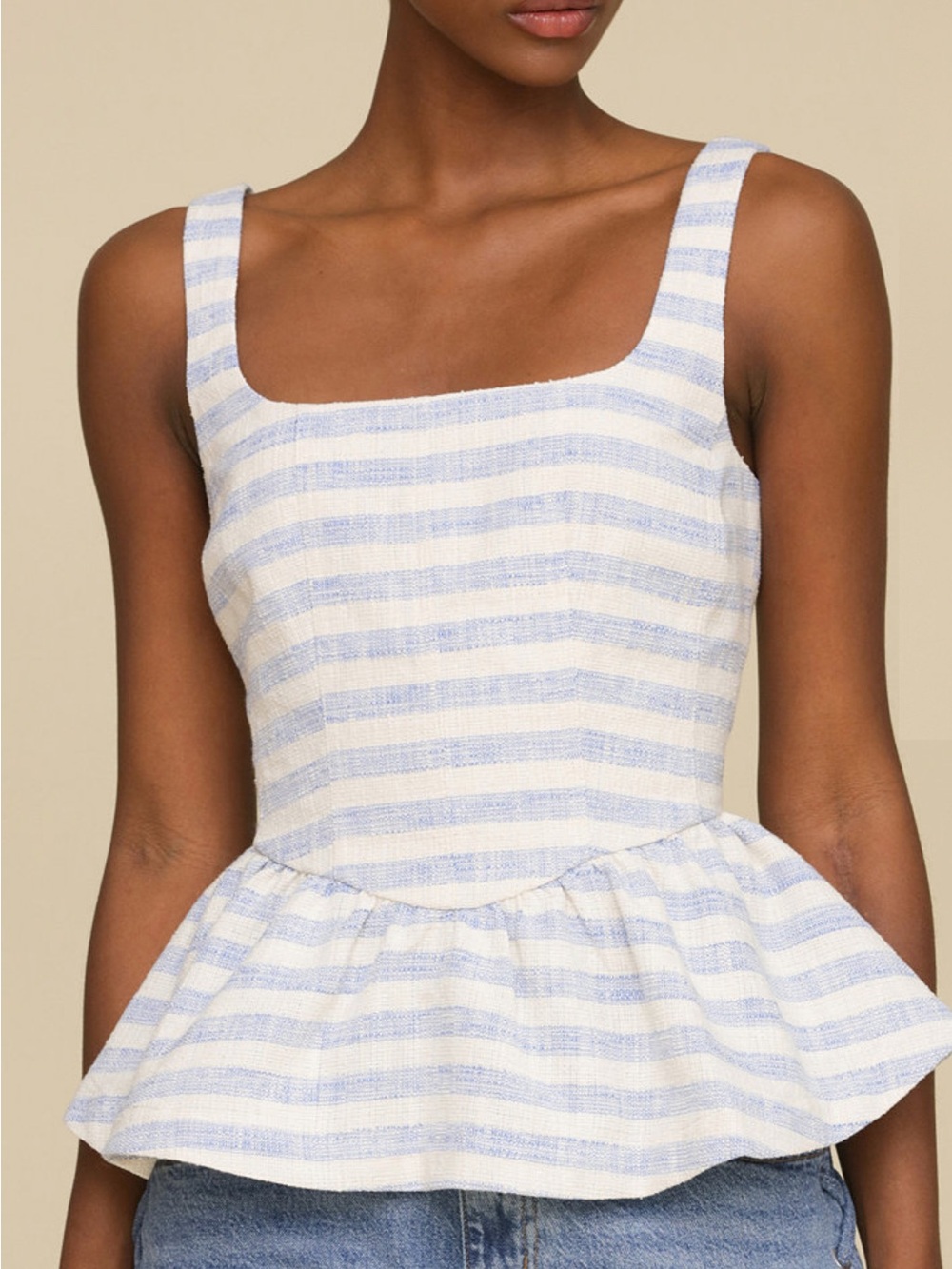 Striped Square-Neck Peplum Top in Light Blue and White
